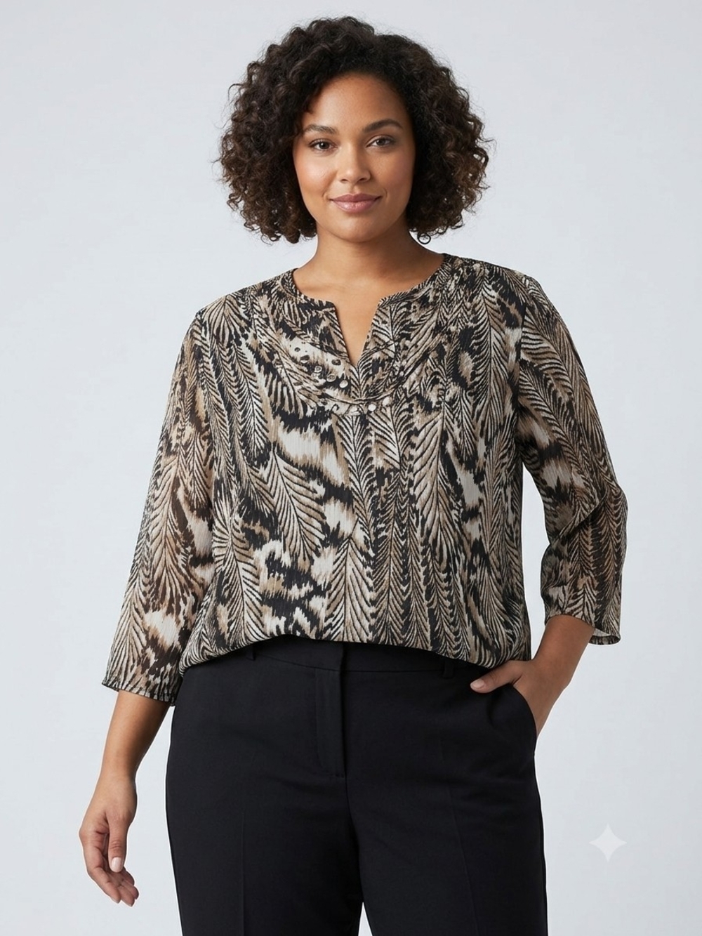 JM Collection Feather-Pattern Split-Neck Tunic - Black & Cream
